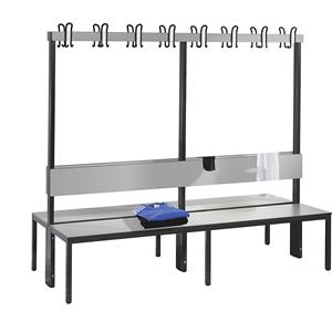 C+P Garderobebank BASIC PLUS, dubbelzijdig, zitoppervlak HPL, haaklijst, lengte 1960 mm, zilvergrijs