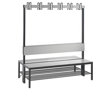 C+P Garderobenbank BASIC PLUS, doppelseitig, Sitzfläche HPL, Hakenleiste, Schuhrost, Länge 1500 mm, silbergrau