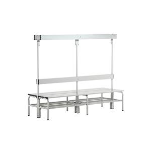 Sypro Umkleidebank mit Aluminiumleisten, HxT 1650 x 725 mm, doppelseitig, Länge 2000 mm, 12 Haken, lichtgrau, Schuhrost