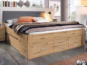 Mobistoxx Bed SCARLETT 160x200 cm artisan eik met zes lades met hoofdeinde met stof