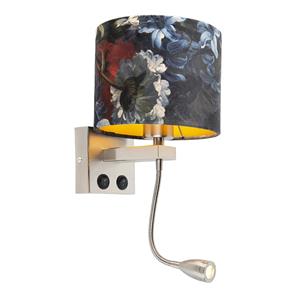 qazqa Wandleuchte Stahl mit Veloursschirm Blumen mit Gold - Brescia - Blau