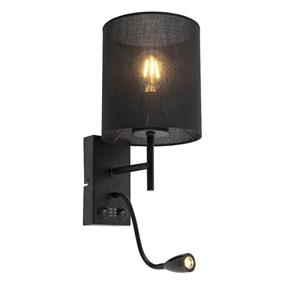 qazqa Moderne schwarze Wandleuchte mit schwarzem Baumwollschirm - Stacca - Schwarz