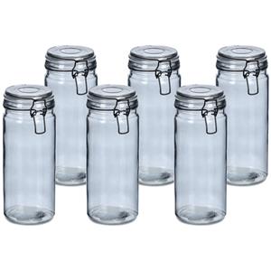 Zeller Voorraadpotten/bewaarpotten - 6x - 1L - grijs - glas - beugelsluiting - D10 x H20 cm -