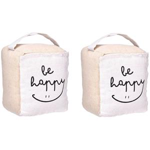 Giftdecor Deurstopper - 2x - 1 kilo - beige - canvas - Be happy - 14,5 x 16 x 19 cm -