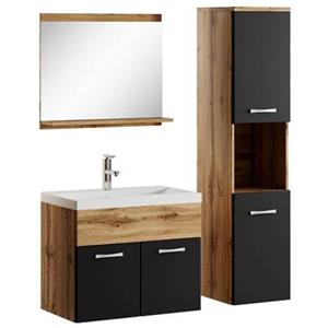 Badplaats Badkamermeubel Set Montreal 60 x 35 cm - Eiken met Zwart - Badmeubel met spiegel en zijkast