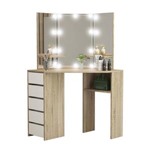 ML-Design Schminktisch mit Hocker und LED-Beleuchtung, 110x141,5x54 cm, Sonoma-Eiche, aus MDF Holz, Frisiertisch inkl. 3 Spiegel mit 5 Schubladen und