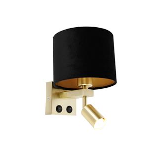 QAZQA Wandlamp messing met leeslamp en kap 18 cm zwart - Brescia