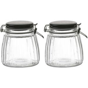 Urban Living Voorraadpot/bewaarpot - 2x - 1L - glas - met beugelsluiting - mat zwarte deksel -