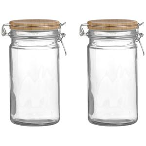 Urban Living Voorraadpot/bewaarpot - 2x - 1L - glas - met beugelsluiting - bamboe deksel -