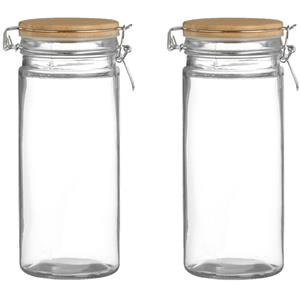 Urban Living Voorraadpot/bewaarpot - 2x - 1,3L - glas - met beugelsluiting - bamboe deksel -