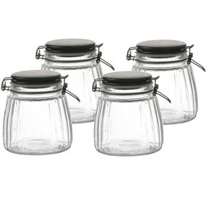 Urban Living Voorraadpot/bewaarpot - 4x - 1L - glas - met beugelsluiting - mat zwarte deksel -