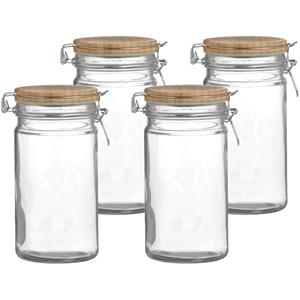 Urban Living Voorraadpot/bewaarpot - 4x - 1L - glas - met beugelsluiting - bamboe deksel -