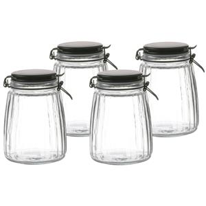 Urban Living Voorraadpot/bewaarpot - 4x - 1,5L - glas - met beugelsluiting - mat zwarte deksel -