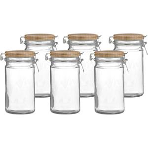 Urban Living Voorraadpot/bewaarpot - 6x - 1L - glas - met beugelsluiting - bamboe deksel -