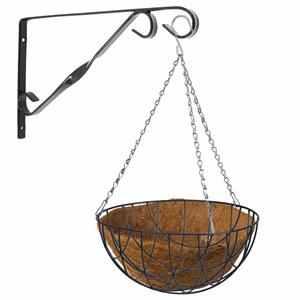 Bellatio flowers & plants Hanging basket met klassieke muurhaak grijs en kokos inlegvel - metaal - complete hanging basket set -