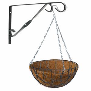 Bellatio flowers & plants Hanging basket 35 cm met klassieke muurhaak grijs en kokos inlegvel - metaal - complete hangmand set -