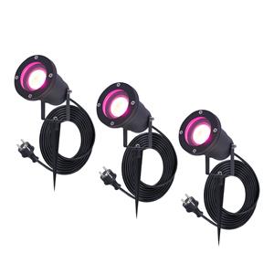 HOFTRONIC™ 3x Sydney smart prikspot - GU10 - Plug & Play - RGBWW - 5.5 Watt - WiFi & Bluetooth - Voor buiten - Priklamp - Zwart - Grondspies - 1.5 meter netsnoer