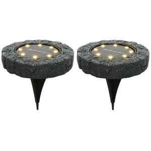 Lumineo Solar grond prikspot/tuinspot led - 2x - kunststeen - steengrijs - 11 x 2 cm - warm wit -