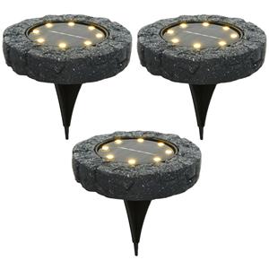 Lumineo Solar grond prikspot/tuinspot led - 3x - kunststeen - steengrijs - 11 x 2 cm - warm wit -