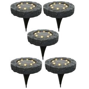 Lumineo Solar grond prikspot/tuinspot led - 5x - kunststeen - steengrijs - 11 x 2 cm - warm wit -