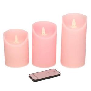 Anna's Collection 3ST KAARS ROZE WAX RUSTIEK BEWEGENDE VLAM 7,5X10/12,5/15CM AFSTANDSBEDIENING 3X3AAA - 