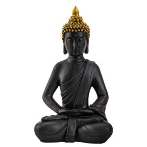 Boeddha beeldje zittend - binnen/buiten - kunststeen - zwart/goud - 30 x 17 cm -