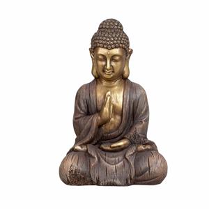 Boeddha beeldje zittend - binnen/buiten - kunststeen - bruin/goud - 30 x 45 cm -