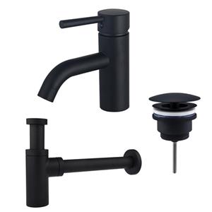Fortifura Calvi Wastafelkraanset - lage wastafelkraan - always open plug - design sifon - Mat zwart SW377833/SW696205/SW696210