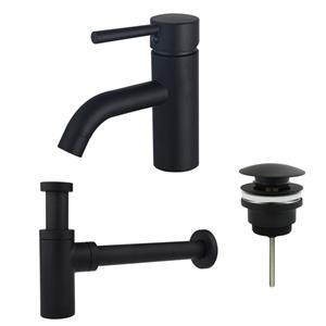 Fortifura Calvi Wastafelkraanset - lage wastafelkraan - klikwaste plug - design sifon - Mat zwart SW377833/SW696199/SW696210