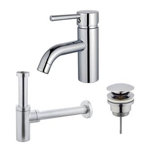 Fortifura Calvi Wastafelkraanset - lage wastafelkraan - klikwaste plug - design sifon - Chroom SW377810/SW696203/SW696214