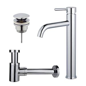 Fortifura Calvi Wastafelkraanset - verhoogde wastafelkraan - klikwaste plug - verlaagde design sifon - Chroom SW377811/SW696203/SW696219