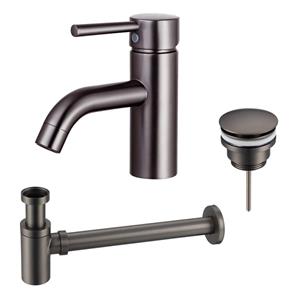 Fortifura Calvi Wastafelkraanset - lage wastafelkraan - klikwaste plug - verlaagde design sifon - Geborsteld Gunmetal PVD SW766540/SW767288/SW767295