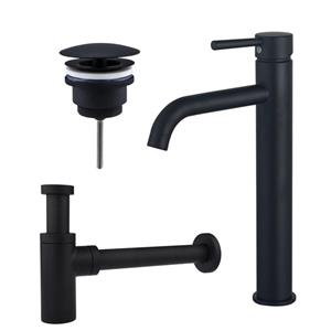 Fortifura Calvi Wastafelkraanset - verhoogde wastafelkraan - always open plug - design sifon - Mat zwart SW377834/SW696205/SW696210