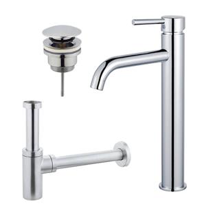 Fortifura Calvi Wastafelkraanset - verhoogde wastafelkraan - klikwaste plug - design sifon - Chroom SW377811/SW696203/SW696214