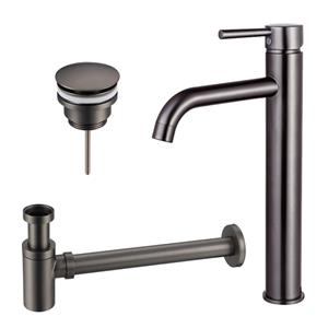 Fortifura Calvi Wastafelkraanset - verhoogde wastafelkraan - klikwaste plug - verlaagde design sifon - Geborsteld Gunmetal PVD SW766541/SW767288/SW767295