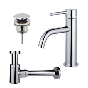 Fortifura Calvi Slim Wastafelkraanset - lage wastafelkraan - klikwaste plug - verlaagde design sifon - Chroom SW377812/SW696203/SW696219