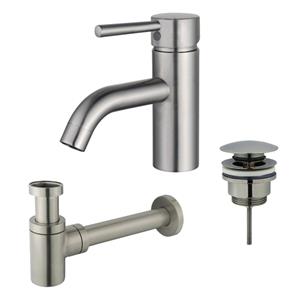 Fortifura Calvi Wastafelkraanset - lage wastafelkraan - klikwaste plug - verlaagde design sifon - Geborsteld RVS PVD (RVS) SW377856/SW696201/SW696217