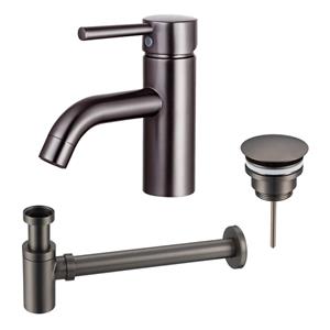 Fortifura Calvi Wastafelkraanset - lage wastafelkraan - always open plug - verlaagde design sifon - Geborsteld Gunmetal PVD SW766540/SW769487/SW767295