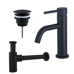 Fortifura Calvi Slim Wastafelkraanset - lage wastafelkraan - always open plug - design sifon - Mat zwart SW377835/SW696205/SW696210