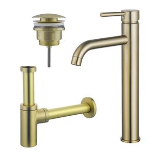Fortifura Calvi Wastafelkraanset - verhoogde wastafelkraan - klikwaste plug - design sifon - Geborsteld Messing PVD (Goud) SW720549/SW696202/SW696213