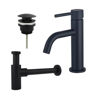 Fortifura Calvi Slim Wastafelkraanset - lage wastafelkraan - klikwaste plug - design sifon - Mat zwart SW377835/SW696199/SW696210