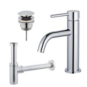 Fortifura Calvi Slim Wastafelkraanset - lage wastafelkraan - klikwaste plug - design sifon - Chroom SW377812/SW696203/SW696214