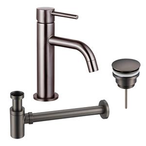 Fortifura Calvi Slim Wastafelkraanset - lage wastafelkraan - klikwaste plug - verlaagde design sifon - Geborsteld Gunmetal PVD SW766538/SW767288/SW767295