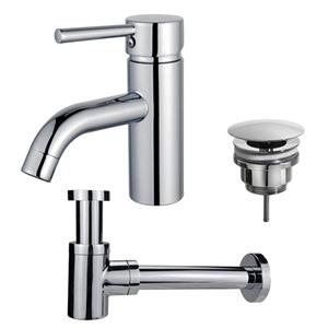 Fortifura Calvi Wastafelkraanset - lage wastafelkraan - always open plug - verlaagde design sifon - Chroom SW377810/SW696209/SW696219
