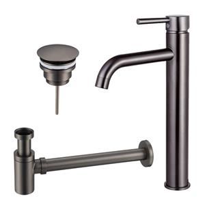 Fortifura Calvi Wastafelkraanset - verhoogde wastafelkraan - always open plug - verlaagde design sifon - Geborsteld Gunmetal PVD SW766541/SW769487/SW767295
