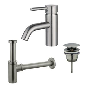 Fortifura Calvi Wastafelkraanset - lage wastafelkraan - klikwaste plug - design sifon - Geborsteld RVS PVD (RVS) SW377856/SW696201/SW696212