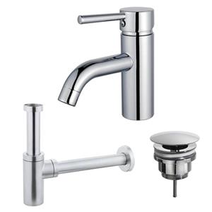 Fortifura Calvi Wastafelkraanset - lage wastafelkraan - always open plug - design sifon - Chroom SW377810/SW696209/SW696214