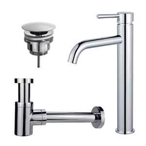 Fortifura Calvi Wastafelkraanset - verhoogde wastafelkraan - always open plug - verlaagde design sifon - Chroom SW377811/SW696209/SW696219