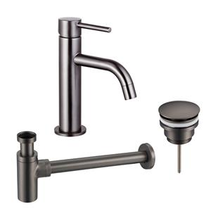 Fortifura Calvi Slim Wastafelkraanset - lage wastafelkraan - klikwaste plug - design sifon - Geborsteld Gunmetal PVD SW766538/SW767288/SW767297