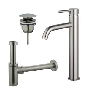 Fortifura Calvi Wastafelkraanset - verhoogde wastafelkraan - klikwaste plug - design sifon - Geborsteld RVS PVD (RVS) SW377857/SW696201/SW696212